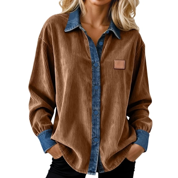 Tiweut Women Long Sleeve Shirts Lapel Denim Trim Button Down Open Front Ladies Tops
