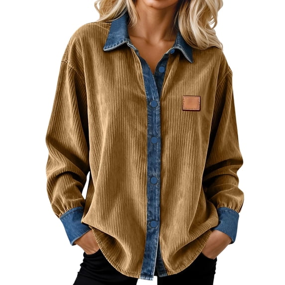Tiweut Women Long Sleeve Shirts Lapel Denim Trim Button Down Open Front Ladies Tops