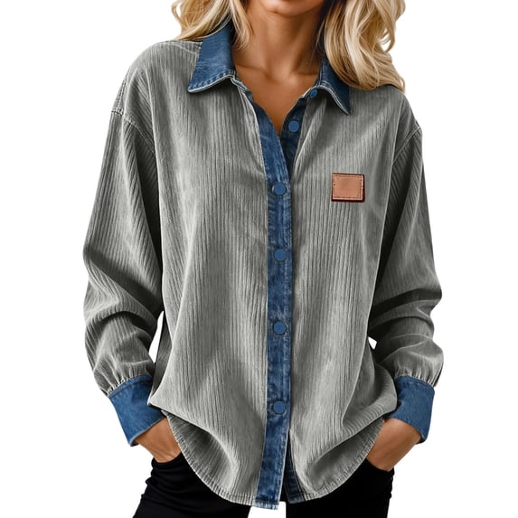 Tiweut Women Long Sleeve Shirts Lapel Denim Trim Button Down Open Front Ladies Tops