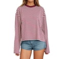 thumbnail image 1 of Tiweut Women Oversized Striped Long Sleeve Shirt Crewneck Cropped Tops Drop Shoulder Y2K Preppy Sweatshirt Fall Clothes Red,XS, 1 of 4
