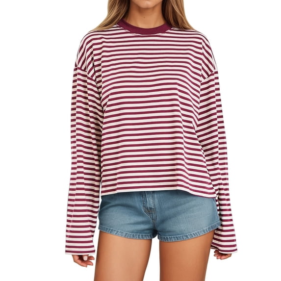 Tiweut Women Oversized Striped Long Sleeve Shirt Crewneck Cropped Tops Drop Shoulder Y2K Preppy Sweatshirt Fall Clothes Red,XS