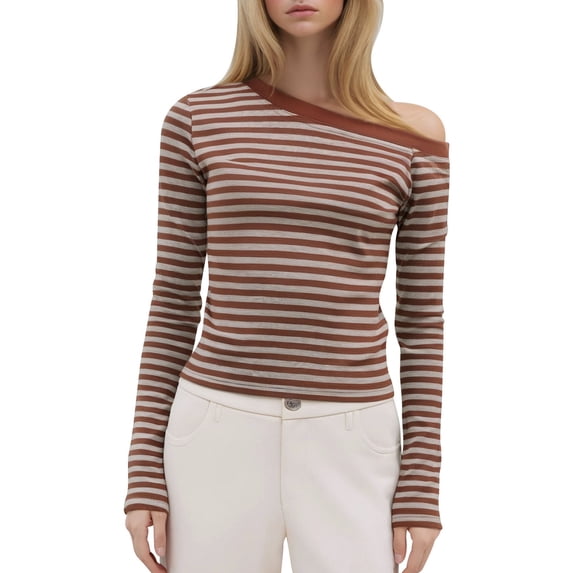 Tiweut Women Oversized Striped Long Sleeve Shirt Crewneck Tops Off Shoulder Y4K Preppy Sweatshirt Fall Slim Fit Clothes,Z1 Brick Red,S