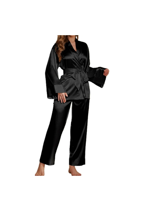 Women Pajamas Set Silk Satin Elegant Solid Color Long Sleeve Tops and Pants Cloth Outfits