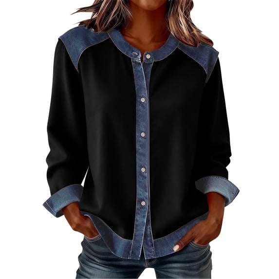 Tiweut Women Shirts Denim Patchwork Button Down Long Sleeve Lapel Pullover Blouse