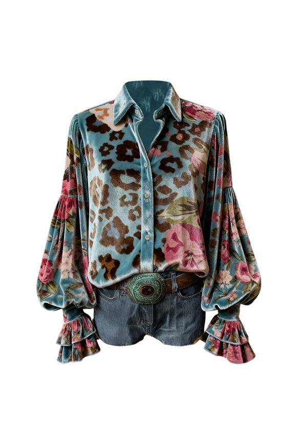 Women Shirts Floral Printed Puff Long Sleeve Versatile Button Down Lapel Ladies Tops