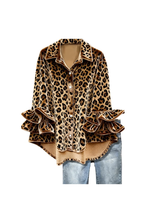 Women Shirts Retro Long Sleeve Collar Button Leopard Design Relaxed Fit Tops
