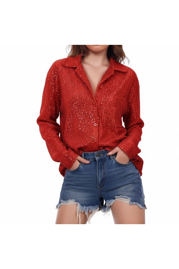 Women Shirts Solid Color Sequined Long Sleeve Lapel Button Blouse