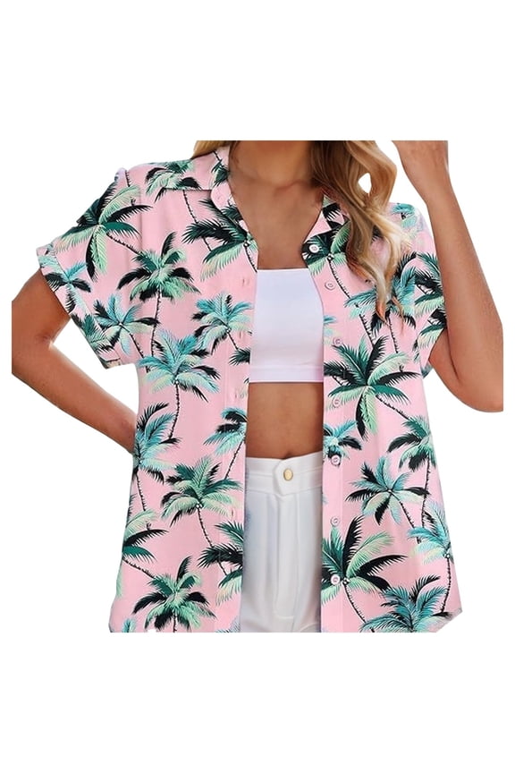 Women Short Sleeve Shirts Holiday Tree Printed Lapel Open Front Ladies Tops