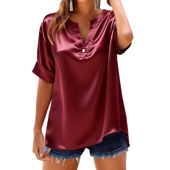 Tiweut Women Short Sleeve Shirts Satin Silk V Neck Loose Button Down Solid Color Tops