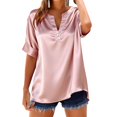 thumbnail image 1 of Tiweut Women Short Sleeve Shirts Satin Silk V Neck Loose Button Down Solid Color Tops, 1 of 4