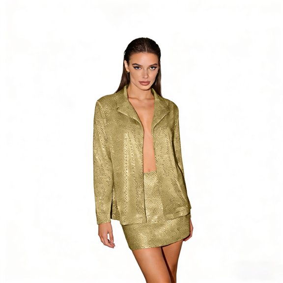 Tiweut Women Suiting 2 Piece Peak Lapel Short Suit Sequin Detailing Long Sleeve Open Front Cardigan And Matching Skirt For Casual Wear,Gold,XS