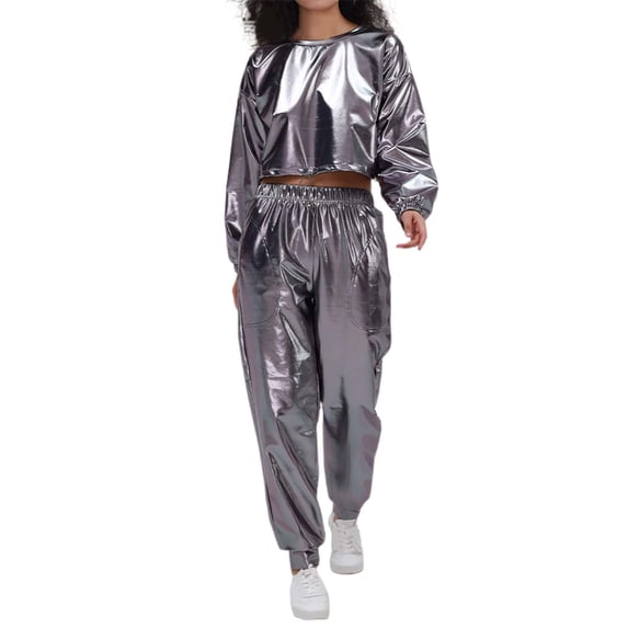 Tiweut Women Sweatshirts Long Sleeve Round Neck Shiny Metallic Club Wear Party Crop Classic Ladies Blouses Grey,S