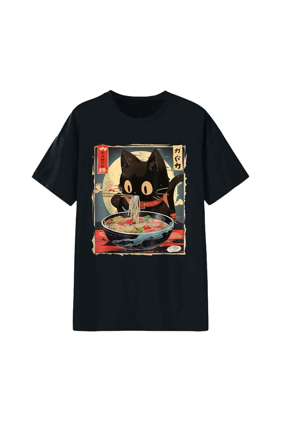 Women T Shirt Ramen Noodles Cat Japan Y2K Kawaii Retro Cats Manga Anime Comfort Colors Adult Blouses,Black,M
