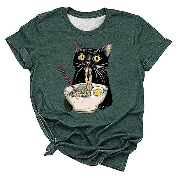 Tiweut Women T-Shirts Funny Japanese Cat Eating Ramen Vintage Japanese Noodles T-Shirt,Green,M