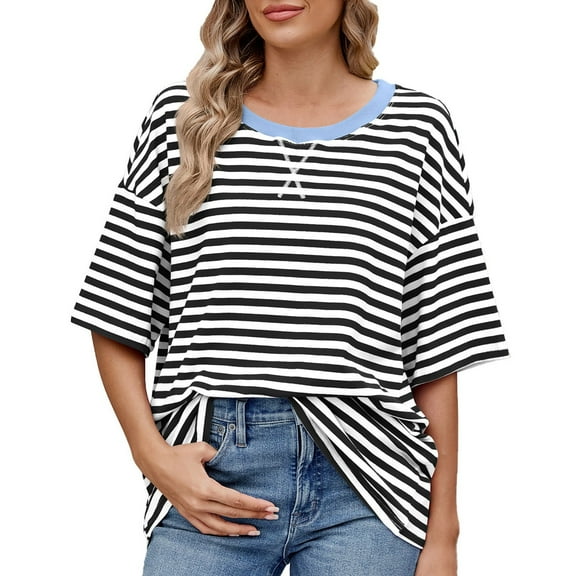 Tiweut Women T Shirts Striped Color Block Oversized Short Sleeve Crew Neck Summer Ladies Shirts Black