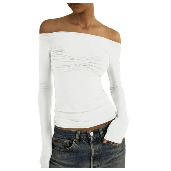 Tiweut Women T ShirtsElegant Off Shoulder Long Sleeve Tees Slim Fit Stretchy Solid Color Pullover Regular Blouses,A-White,S