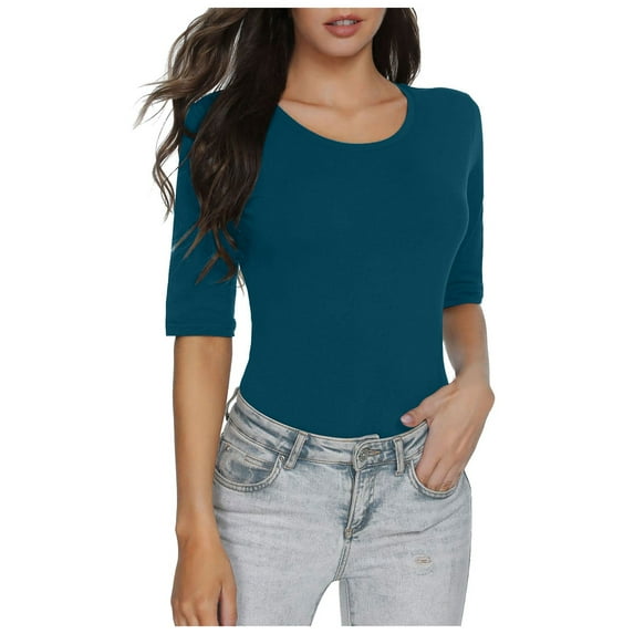 Tiweut Women T ShirtsHalf Sleeved Solid Color Crewneck Basic Slim Fit Pullover Regular Blouses,A-Blue,XL