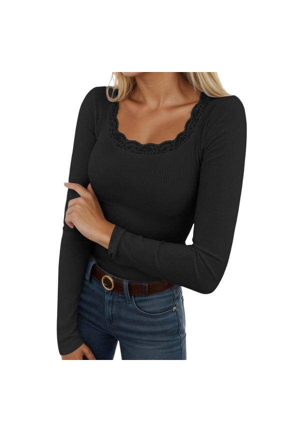 Women Tshirt Solid Color Lace Patchwork Short Sleeved Square Neck Slim Relaxed Blouse