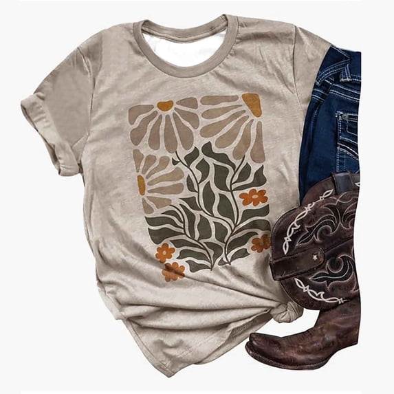 Tiweut Women Tshirt Summer Retro Bohemian Style Short Sleeved Flower Pattern Pullover Tops,Brown