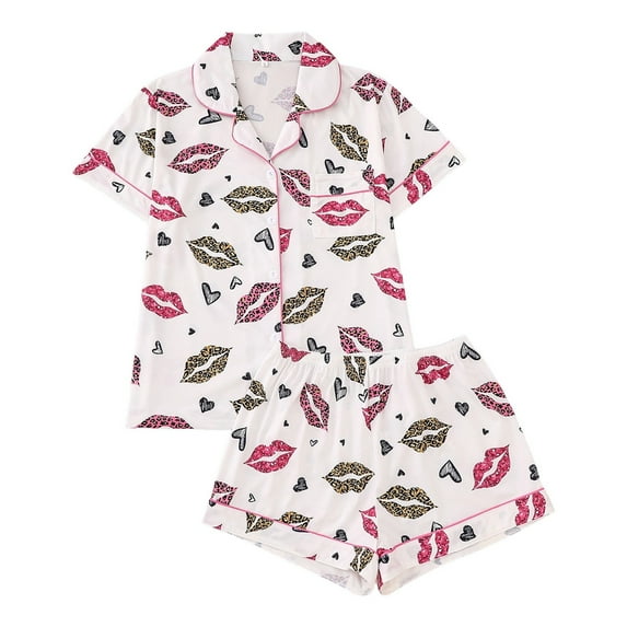 Tiweut Women's 2 Piece Summer Lip Print Pajama Sets Starfish Shell Sleepwear Short Sleeve Nightwear Soft Lounge Sets,F-White,M