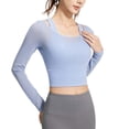 thumbnail image 1 of Tiweut Women's 2 in 1 Yoga Long Sleeve Mesh Gym Athletic Tops Workout Shirts with Medium Support Sports Bra,Light Blue, 1 of 4