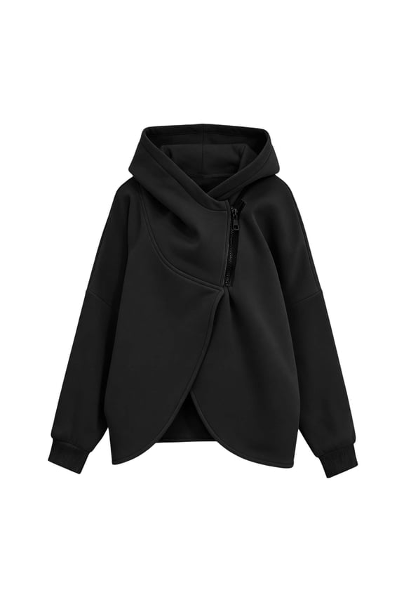 Women's Asymmetric Zip Oversized Hoodie Sweatshirt Long Sleeve Irregular Jacket Coat with Pockets for Women,Black
