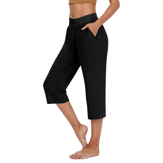 Tiweut Women's Capris Pants Summer Elastic Waist Solid Color Straight Leg Versatile Regular Trousers
