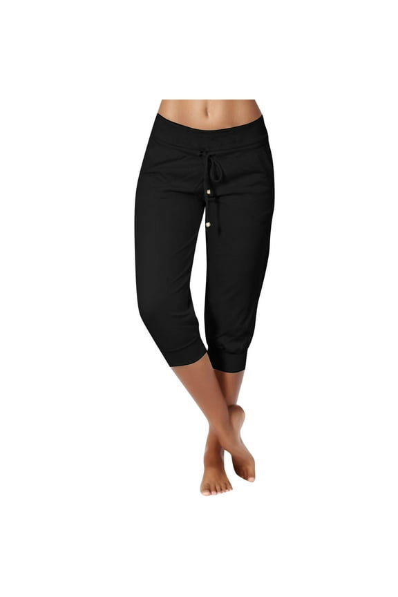 Women's Capris Pants knitted Tight Elastic Waist Drawstring Sports with Pockets Lady Trousers