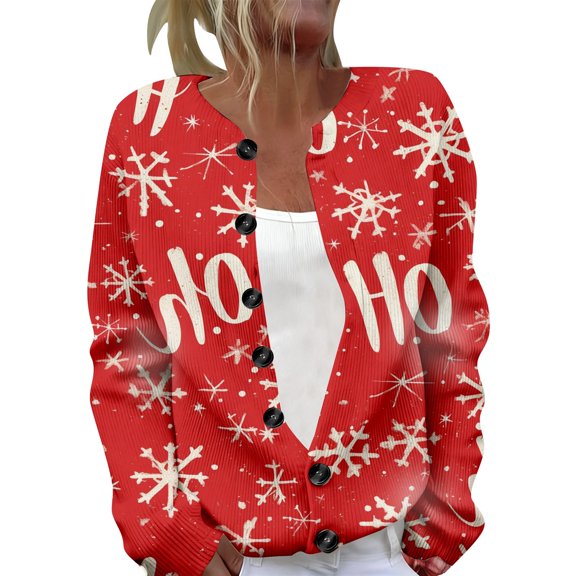 Tiweut Women's Cardigans Fashion Christmas Button Down Sweater Fall Winter Snowflake Print Long Sleeve Comfortable Outerwear Cozy Tops Red,5XL