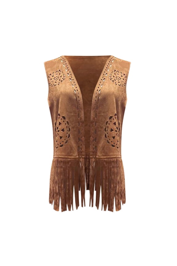 Women's Casual Cardigan Cardigan Fashion Solid Color Retro Fringe Vest Sleeveless Party Wear Regular Tops Brown,S