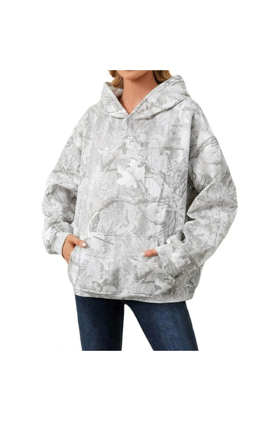 Women's Casual Hoodies Sweatshirt Long Sleeve Camo Design Fall and Winter Fashion Ladies Blouses Coffee,L