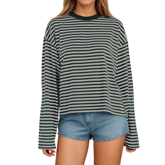 Tiweut Women's Casual Long Sleeve Sweatshirts Stripe Tees Round Neck Loose Fit Blouses Dark Green,XS