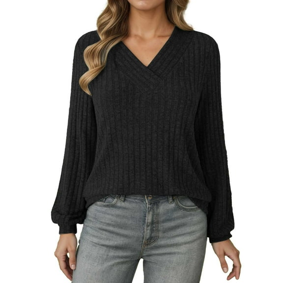 Tiweut Women's Fall and Winter Casual Sweaters V Neck Striped Long Sleeved Loose Fit Tops Elegant Pullover,Black,L