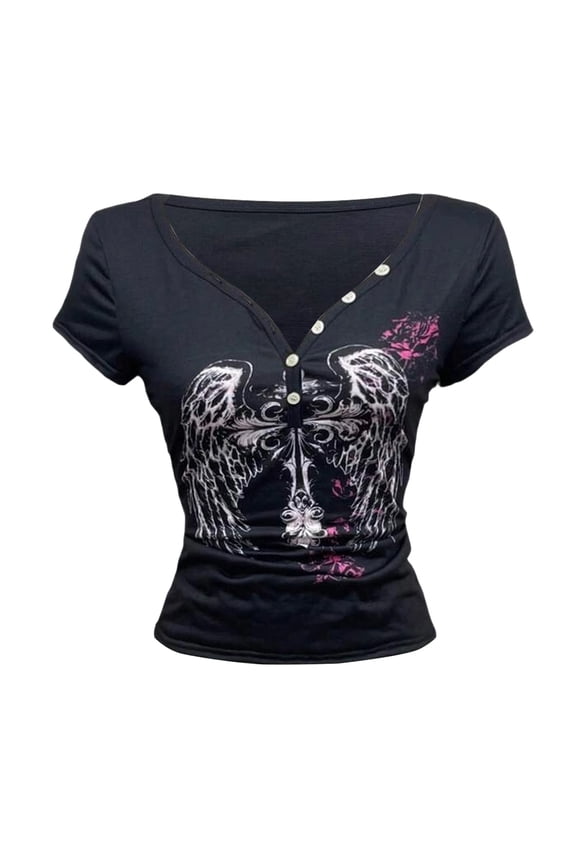 Women's Gothic Y2K Graphic Tees Button Up V Neck Short Sleeve T Shirt Slim Fit Retro Tops