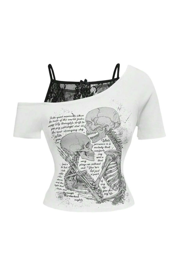Women's Graphic Tees Y2K Vintage Gothic Tops 2 in 1 Asymmetrical Tee Streetwear,Z1 White