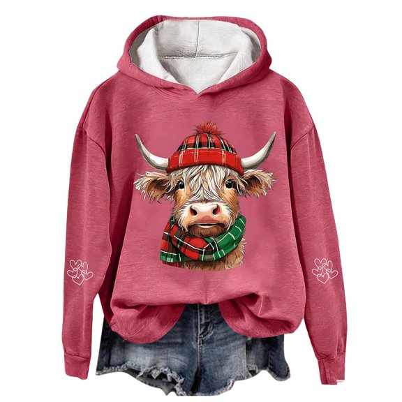 Tiweut Women's Hoodies Christma Hoodies Cartoon Cow Graphic Long Sleeve Hooded Pullover Sweatshirt Cozy Loose Fit Pullover Relaxed Fit Tops Watermelon Red,3XL