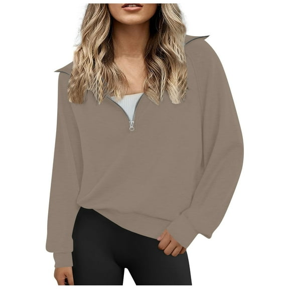 Tiweut Sweatshirts for Womens Long Sleeve Round Neck Half Zip Pullover Solid Color Loose Fit Tops Khaki,XL