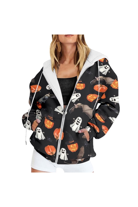Women's Jackets Zip Up Long Sleeve Ghost Pumpkin Print Loose Fit Fleece Pullover Hooded Sweatshirt Outdoor Activities Blouses Orange,L