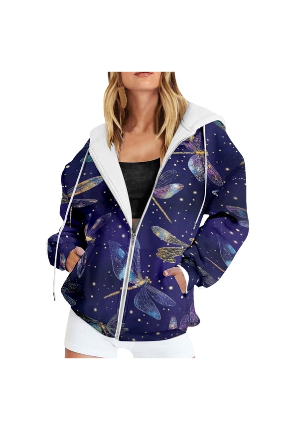 Women's Jackets Zip Up Long Sleeve Hooded Loose Fit Dragonfly Graphic Print Pullover Fleece with Front Pockets Relaxed Fit Tops Purple,S