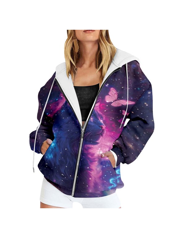 Women's Jackets Zip Up Long Sleeve Hooded Loose Fit Dragonfly Graphic Print Pullover Fleece with Front Pockets Relaxed Fit Tops,Z1 Purple,XS
