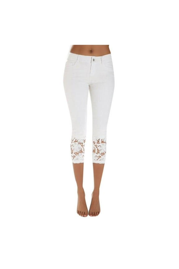 Women's Jeans Cropped Denim Pants Lace Trim Leggings Straight Leg High Waist Elastic Summer Lady Trousers White,4XL