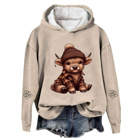 Tiweut Women's Leisure Hoodies Christmas Hoodies Cow Print Holiday Graphic Long Sleeve Hooded Pullover Sweatshirt Cozy Fleece Loose Fit Ladies Blouses Khaki,L