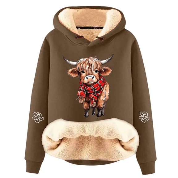 Tiweut Women's Leisure Hoodies Christmas Hoodies Santa Highland Cattle Print Loose Long Sleeve Pullover Adorable Lined Soft Warm Sweatshirt Comfort Regular Tops Bronze,XL
