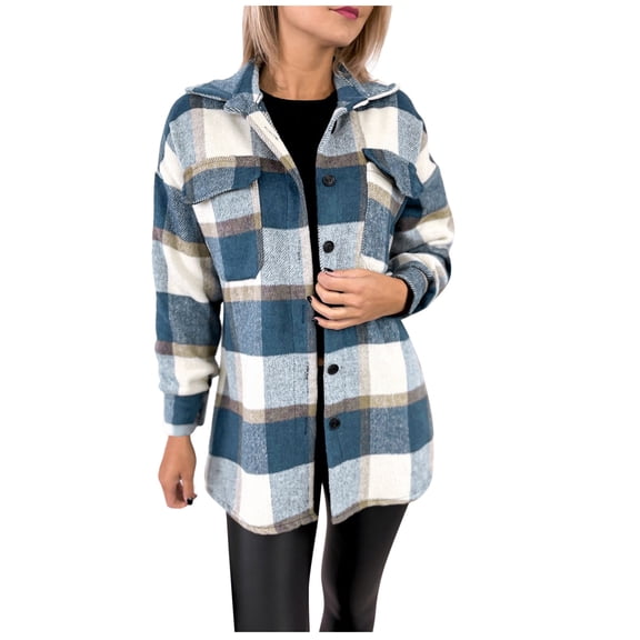 Tiweut Women's Leisure Jackets Overcoat Thickened Button Down Plaid Print Winter Lined Long Sleeve Lapel Loose Fit Coat Outwear with Pockets Regular Blouses Blue,XL