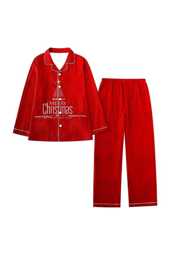 Women's Pajamas Sets Christmas Lapel Long Sleeve Lapel Button Tops and Pants Set Full Print Santa Holiday Ladies Sleepwear Suit,Red,M