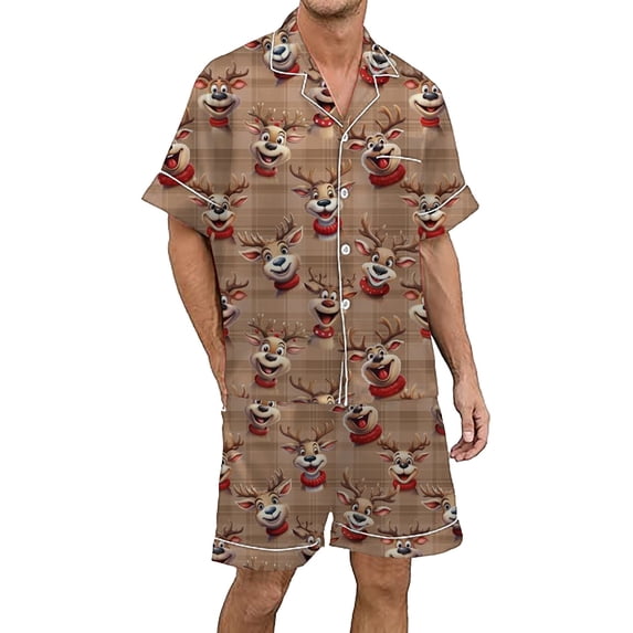 Tiweut Women's Pajamas Sets Christmas Multicolored Floral Printed Silk Satin Short Sleeved Lapel Button Up T-Shirts and Shorts Set Ladies Sleepwear Suit,Z1 Brown,3XL