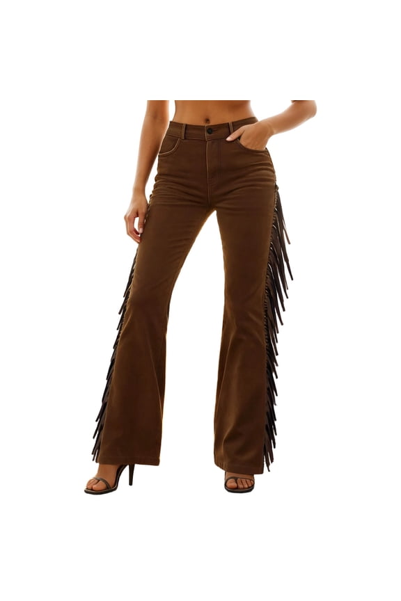 Women's Pants Retro Fringe Bottom Flared Leg Elastic High Waist Palazzo Solid Color Lady Trousers