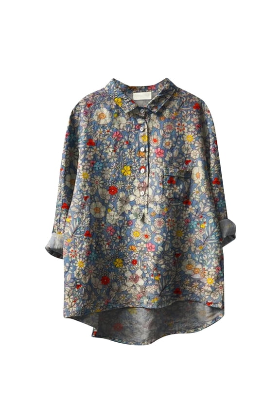 Women's Shirts Floral Printed Button Up Long Sleeve Lapel Loose Summer Regular Blouse