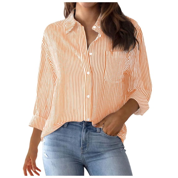 Tiweut Women's Shirts Striped Cardigan Long Sleeve Lapel Solid Color Relaxed Fit Tops