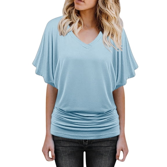 Tiweut Women's Short Sleeve V-Neck Casual Dolman Top with Side Shirring,Light Blue